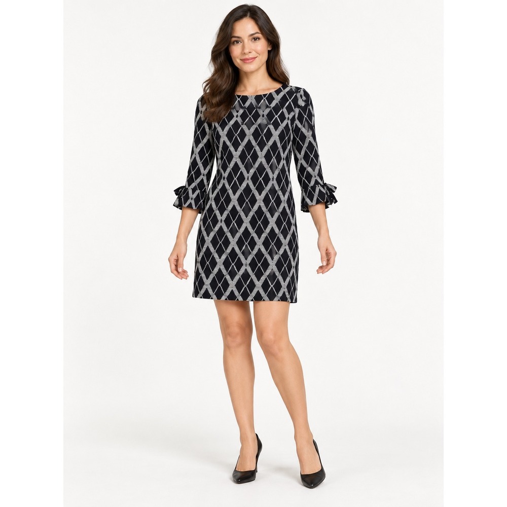 Tommy Hilfiger Black Diamond Print Ruffle Sleeve Sheath Dress 2P Petite